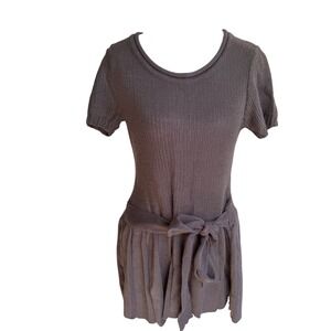 Gese Knit Pleated Brown Mini Dress Short Sleeve Tie Waist Scoop Neck NWT sz M